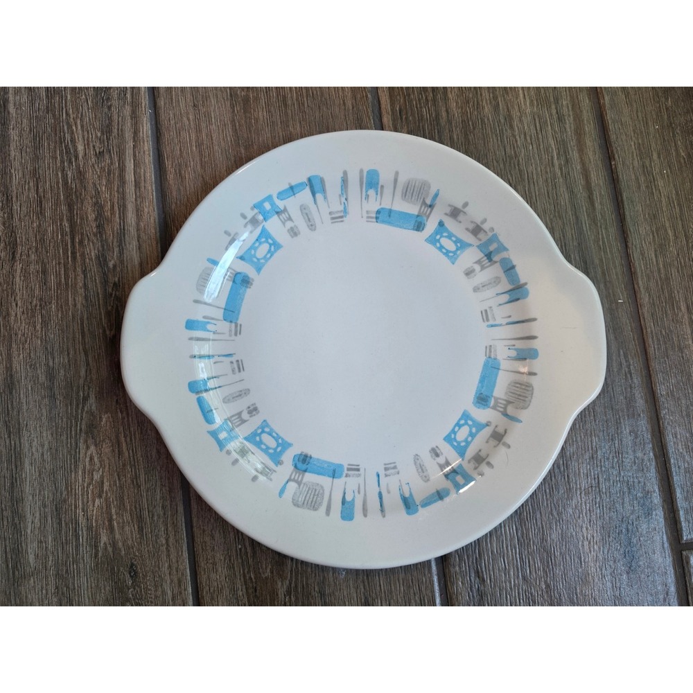 Royal China Blue Heaven Chop Plate Handled Cake Plate MCM Atomic Turquoise Gray
